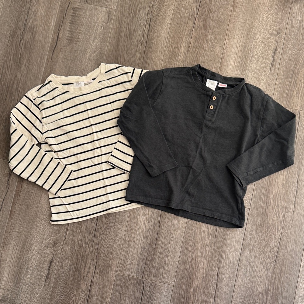 Zara Kids Cream Striped and Charcoal Long Sleeve Tees - 2 piece set
